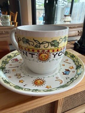 Mary Engelbreit White Cup and Saucer Set with Yellow and Green Sun Motif